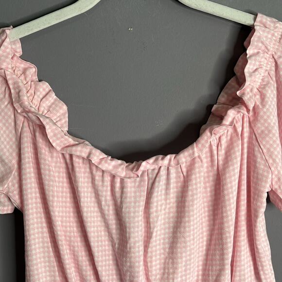 Lottie Moss Pink and White Gingham Print Off Shoulder Top White Bow Size Medium - Picture 2 of 10